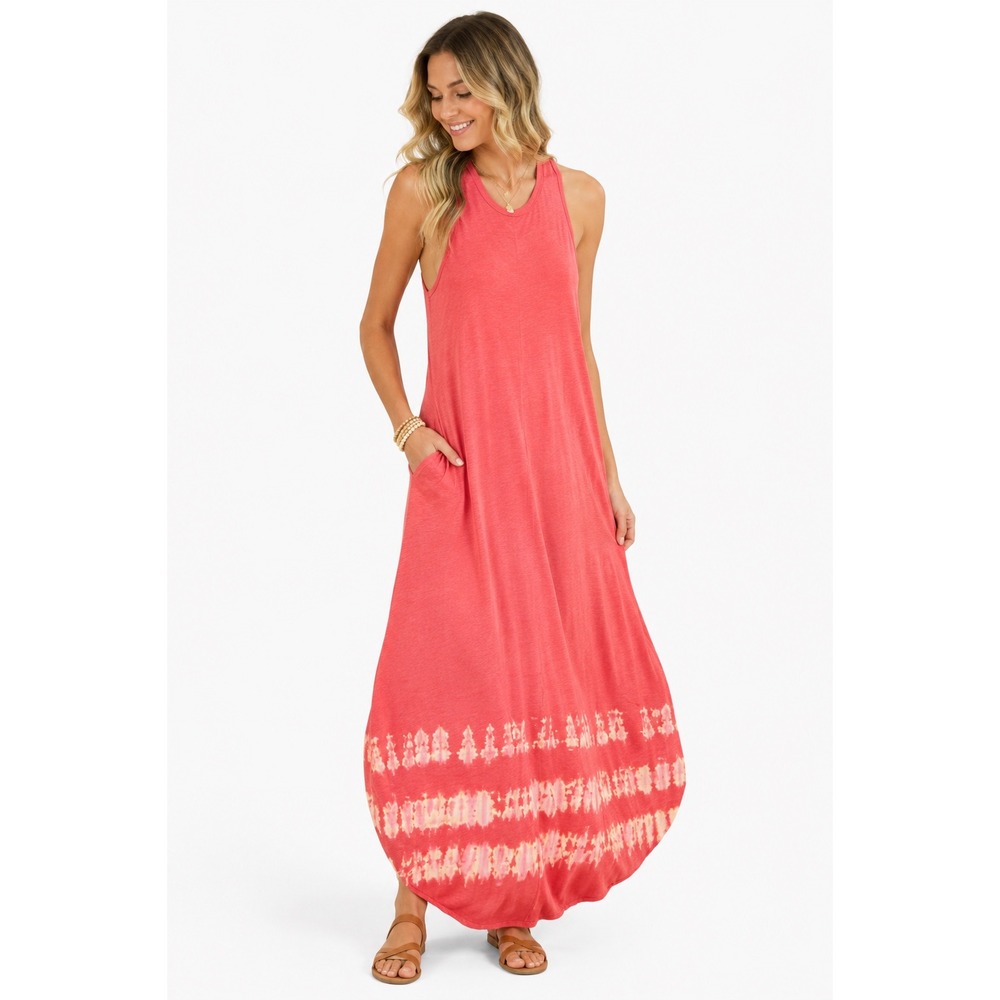 Z Supply Reverie Coral Pink Tie Dye Slub Cotton V-Neck Maxi Dress Womens Large